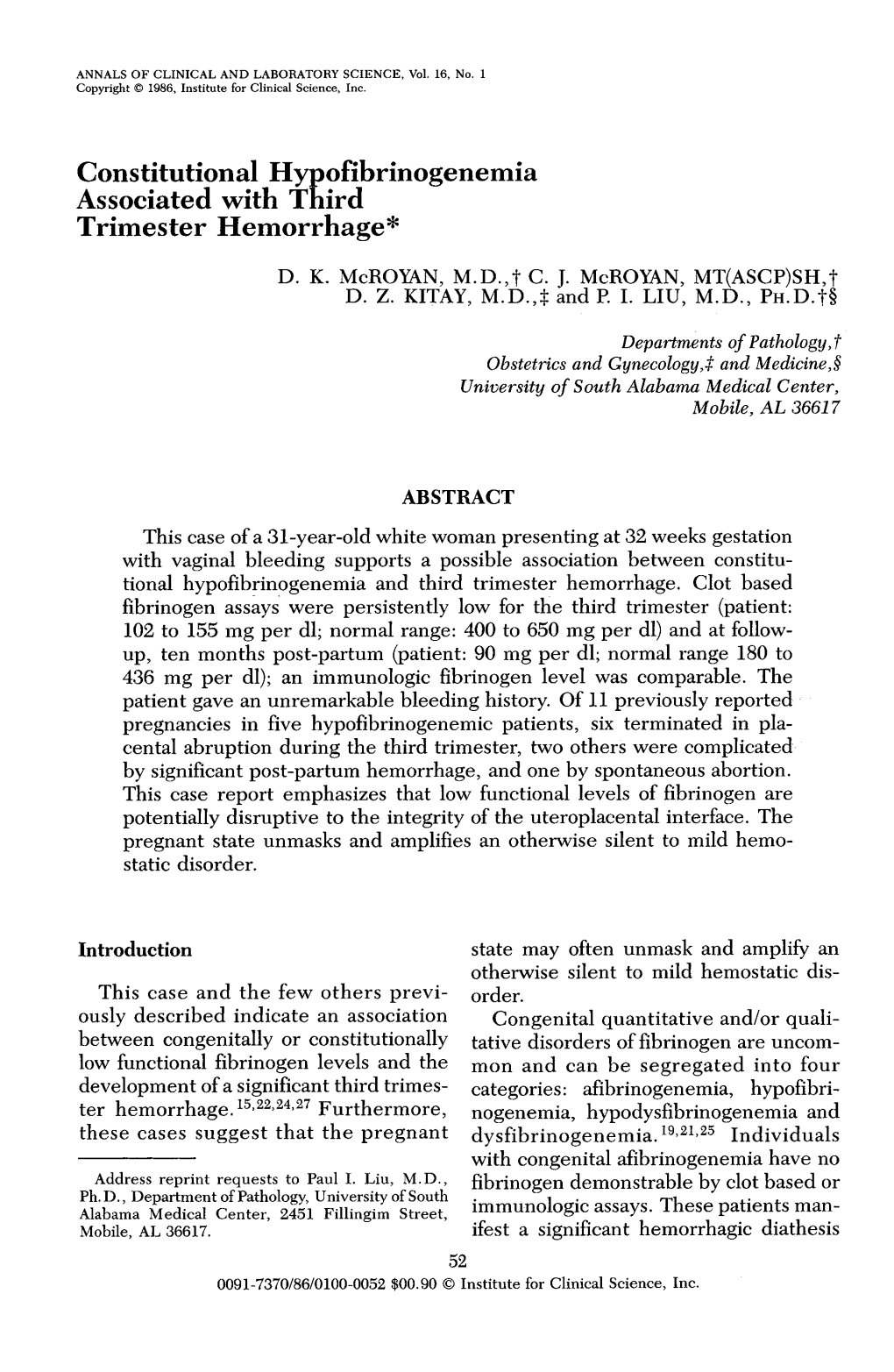 Constitutional Hypofibrinogenemia Associated with Third Trimester Hemorrhage* D