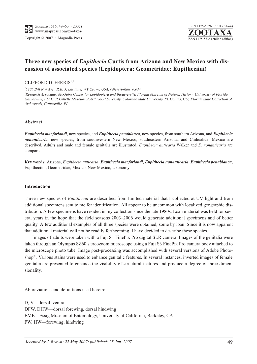 Zootaxa,Three New Species of Eupithecia Curtis From