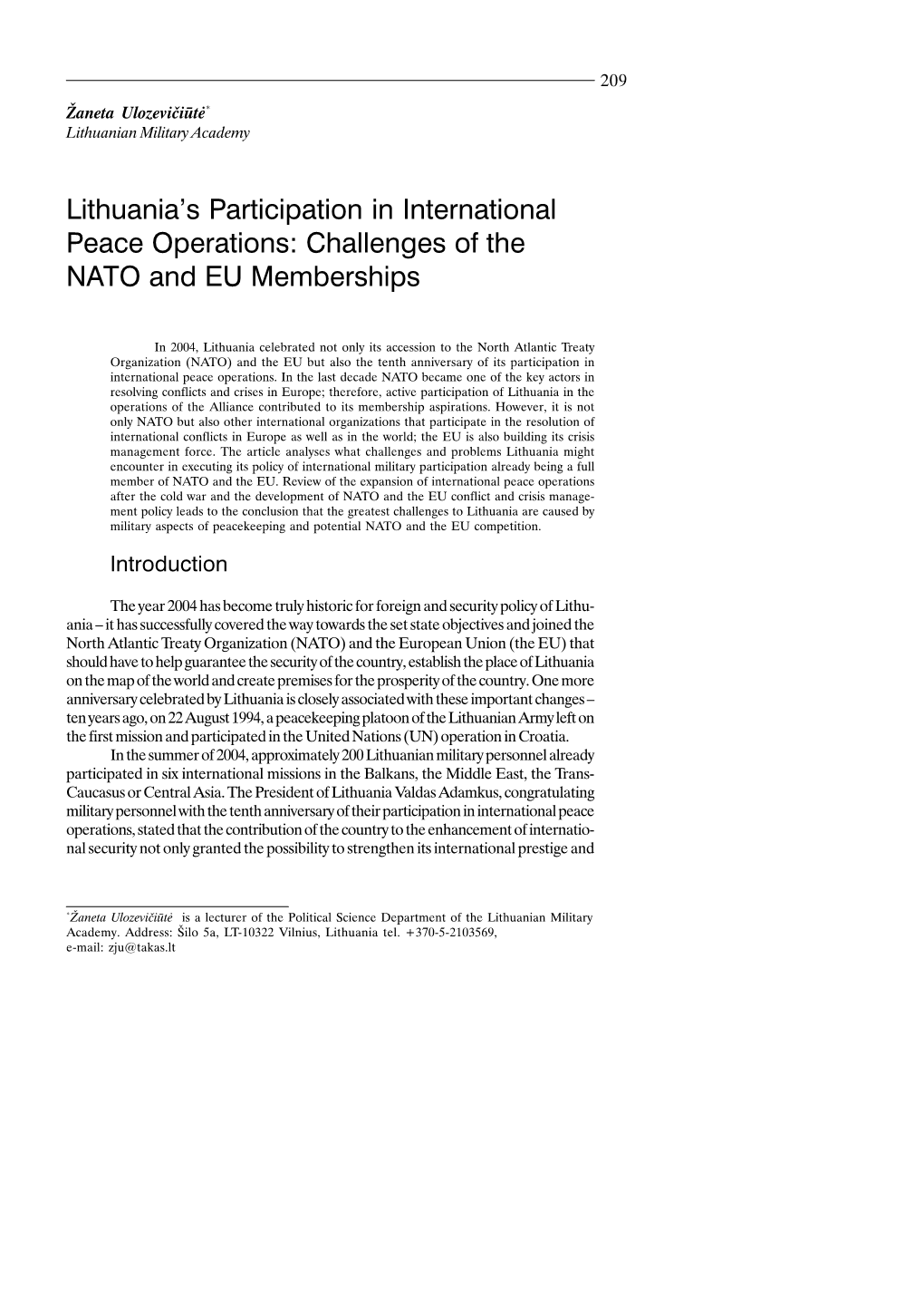 Lithuania's Participation in International Peace Operations: Challenges of the NATO and EU Memberships