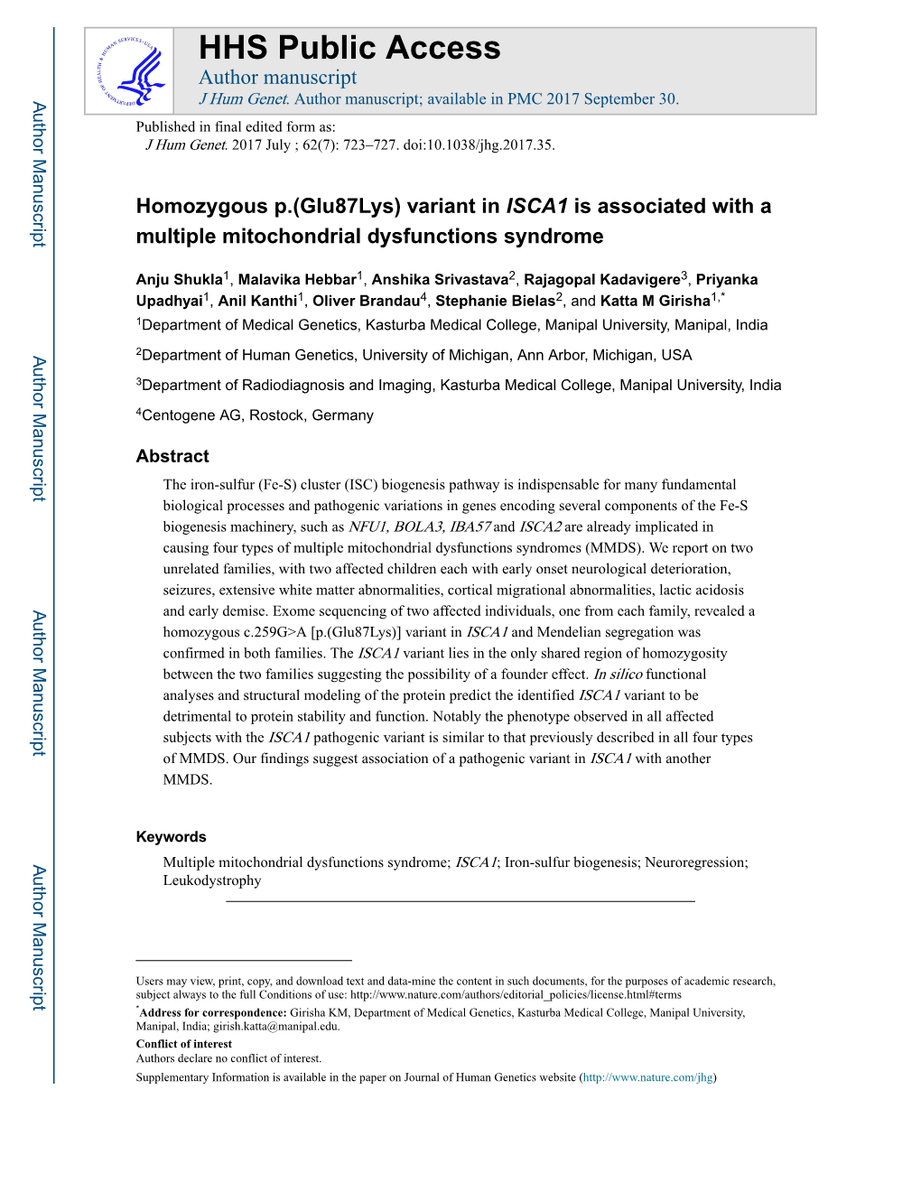 Homozygous P.(Glu87lys) Variant in ISCA1 Is Associated with a Multiple Mitochondrial Dysfunctions Syndrome