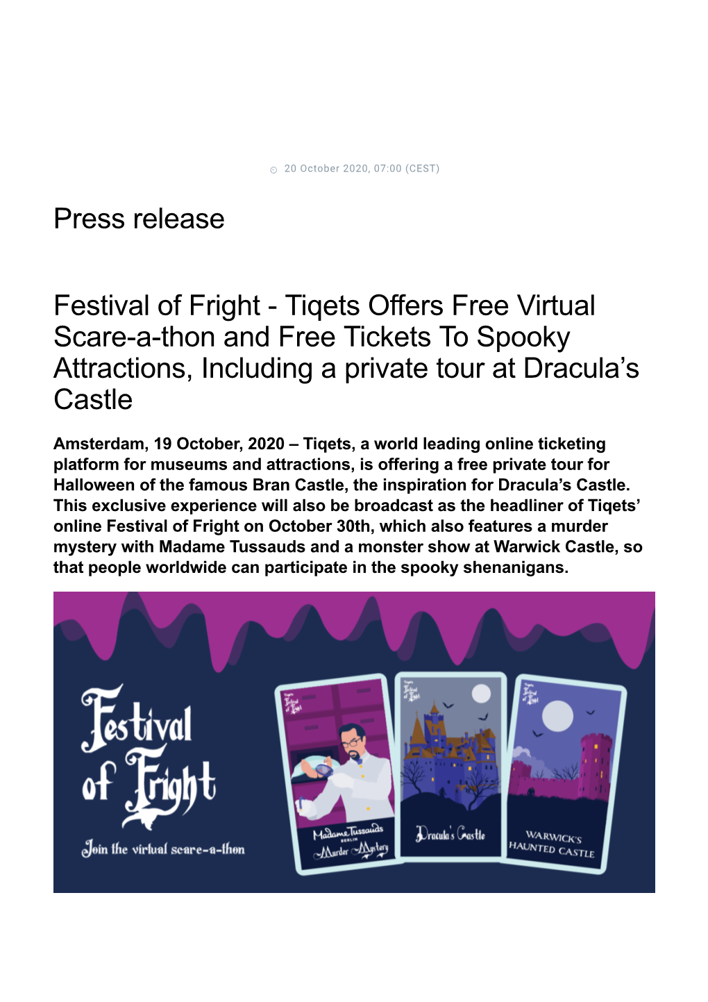Festival of Fright - Tiqets Offers Free Virtual Scare-A-Thon and Free Tickets to Spooky Attractions, Including a Private Tour at Dracula’S Castle