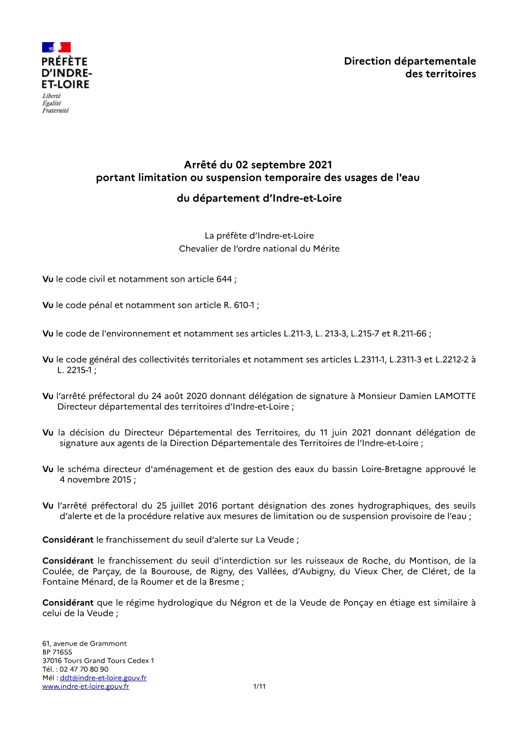Arrêté Du 02 Septembre 2021 Portant Limitation Ou Suspension Temporaire Des Usages De L'eau Du Département D'indre-Et-Loire