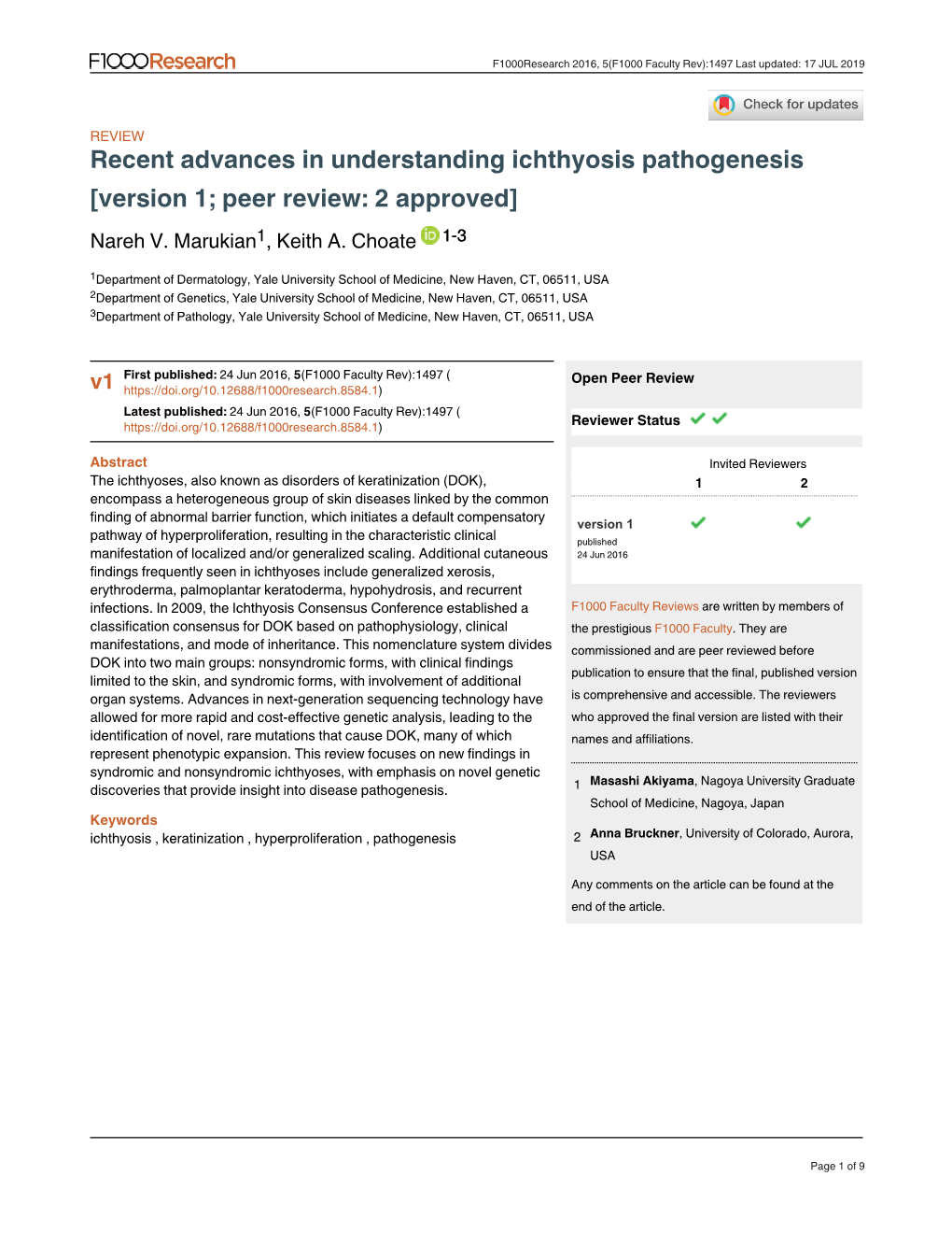 Recent Advances in Understanding Ichthyosis Pathogenesis [Version 1; Peer Review: 2 Approved] Nareh V