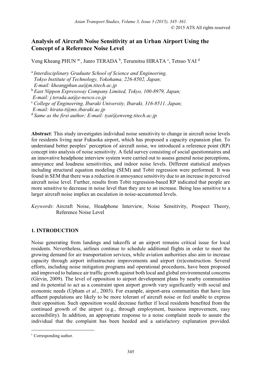 Analysis of Aircraft Noise Sensitivity at an Urban Airport Using the Concept of a Reference Noise Level