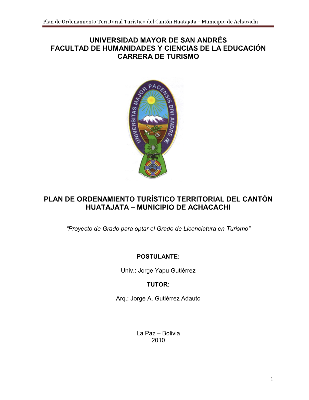 Plan De Ordenamiento Territorial Turístico Del Cantón Huatajata – Municipio De Achacachi