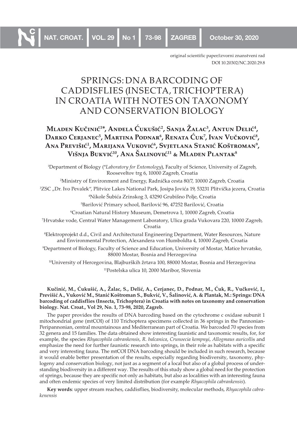 Dna Barcoding of Caddisflies (Insecta, Trichoptera) in Croatia with Notes on Taxonomy and Conservation Biology