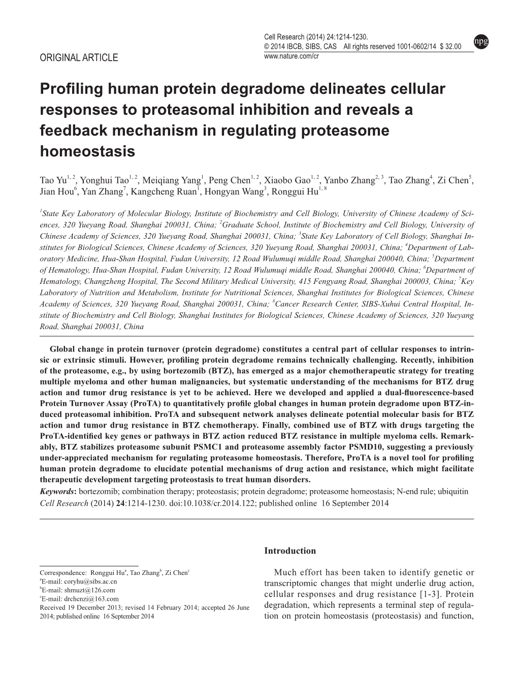 Profiling Human Protein Degradome Delineates Cellular Responses to Proteasomal Inhibition and Reveals a Feedback Mechanism in Regulating Proteasome Homeostasis