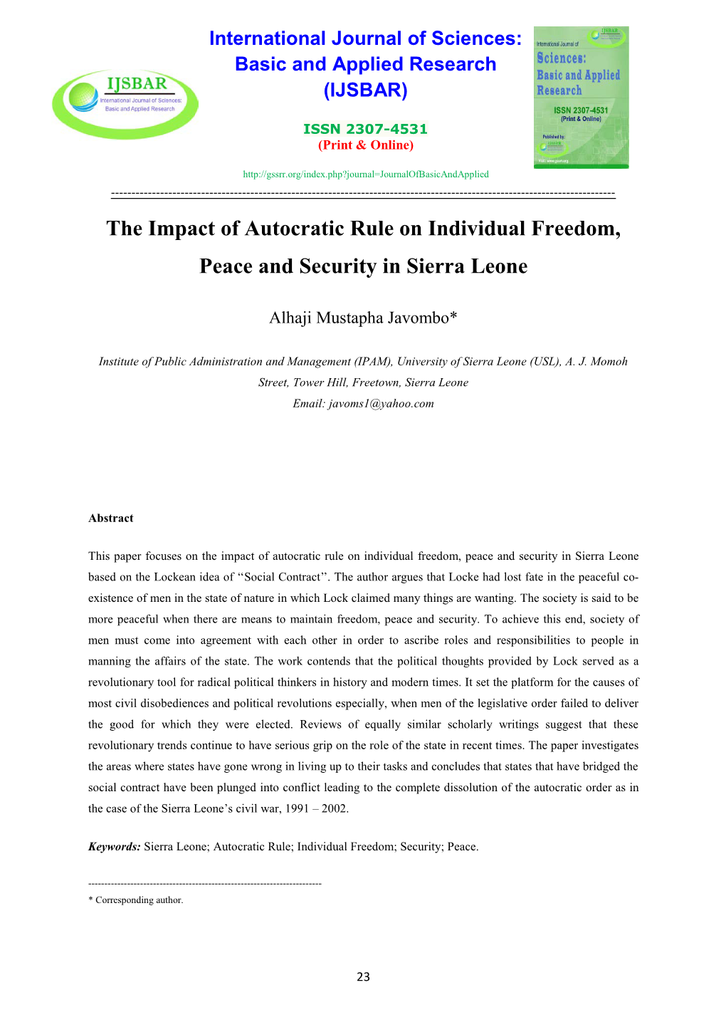 The Impact of Autocratic Rule on Individual Freedom, Peace and Security in Sierra Leone