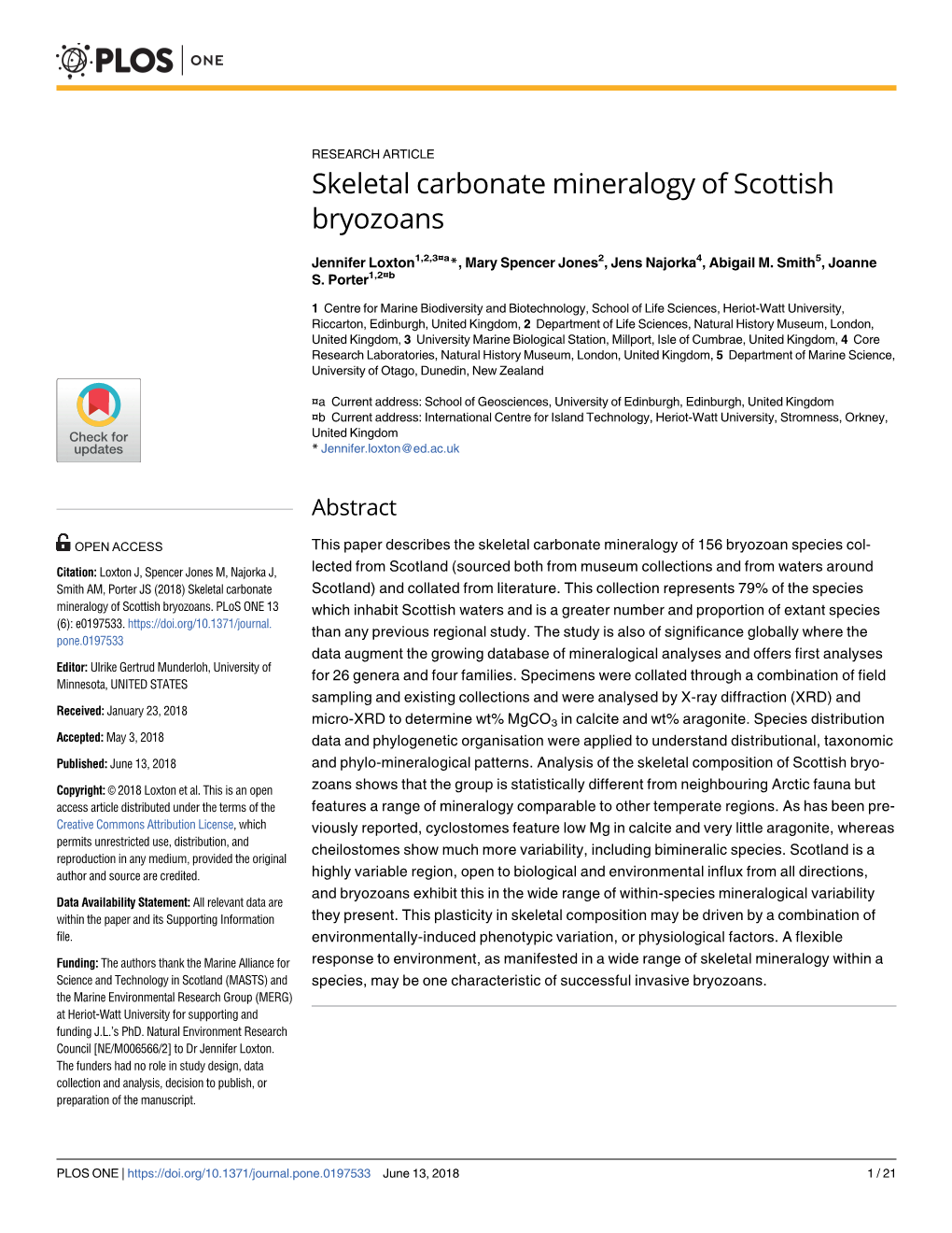 Skeletal Carbonate Mineralogy of Scottish Bryozoans