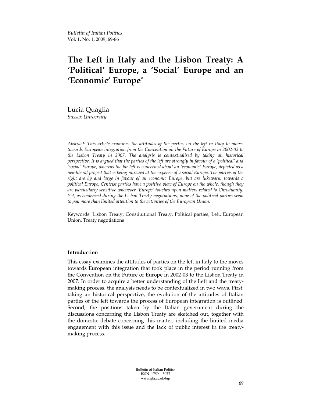 The Left in Italy and the Lisbon Treaty: a 'Political' Europe, a 'Social