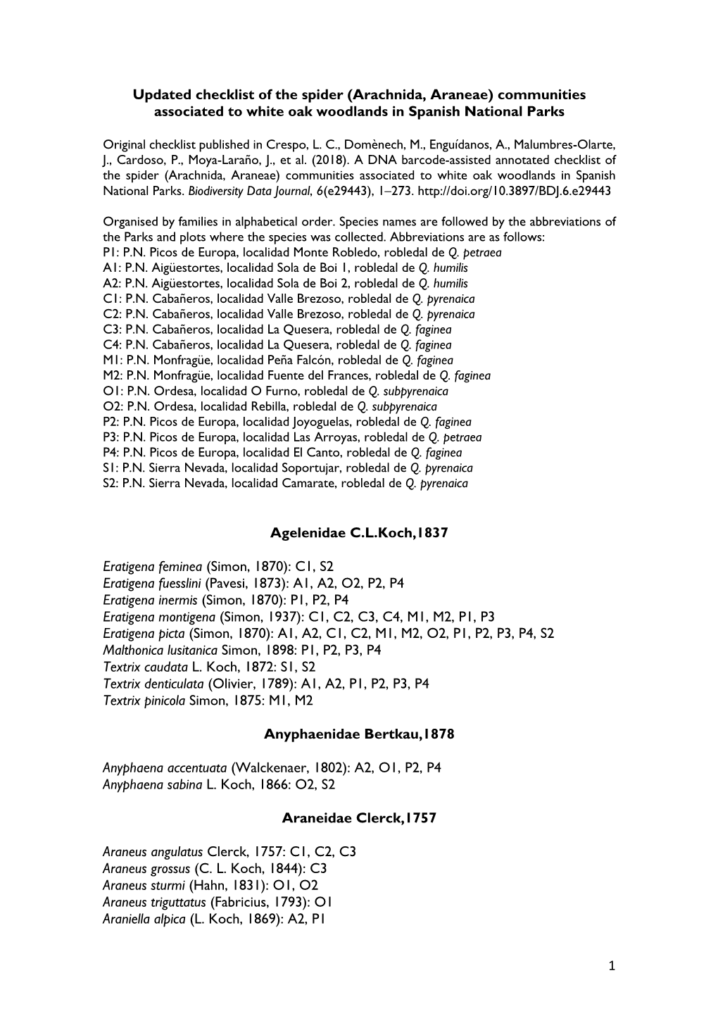 1 Updated Checklist of the Spider (Arachnida, Araneae)