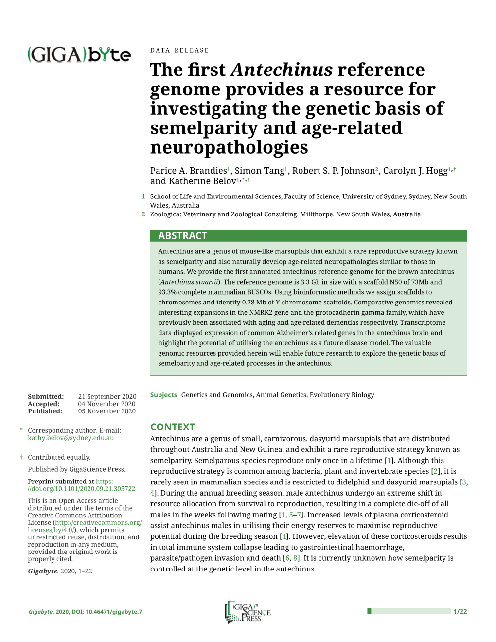 The First Antechinus Reference Genome Provides a Resource for Investigating the Genetic Basis of Semelparity and Age-Related Ne