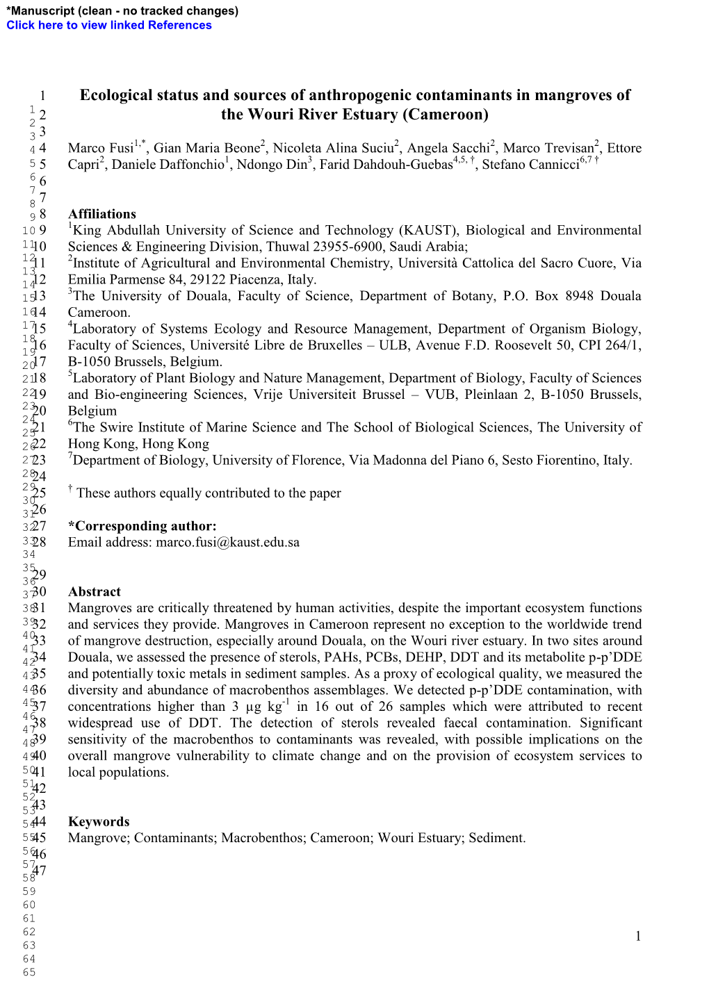 Ecological Status and Sources of Anthropogenic Contaminants In