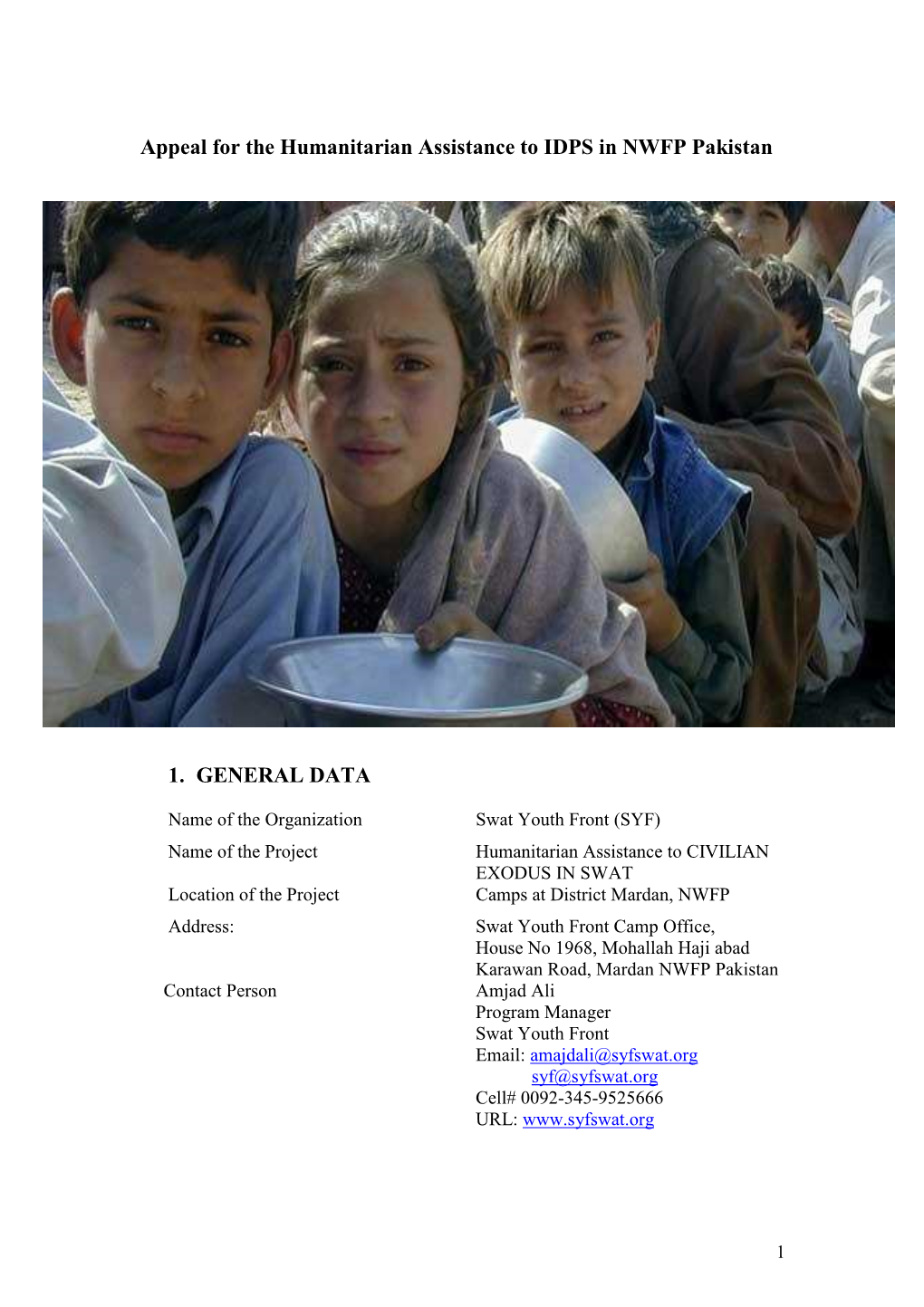 Appeal for the Humanitarian Assistance to IDPS in NWFP Pakistan