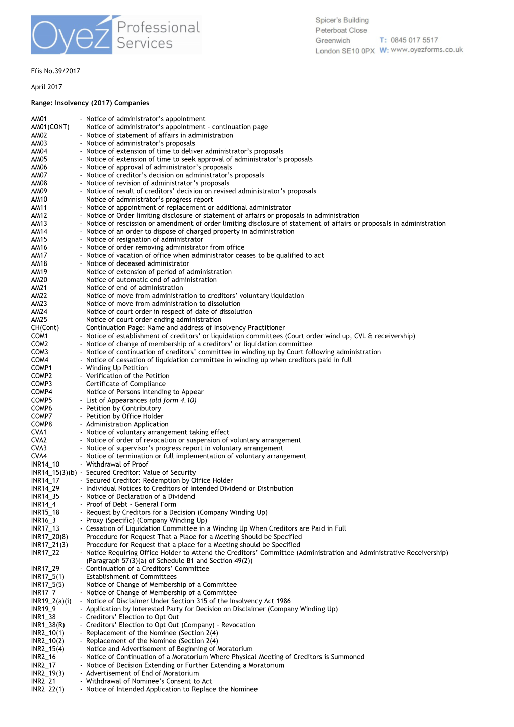 Range: Insolvency (2017) Companies