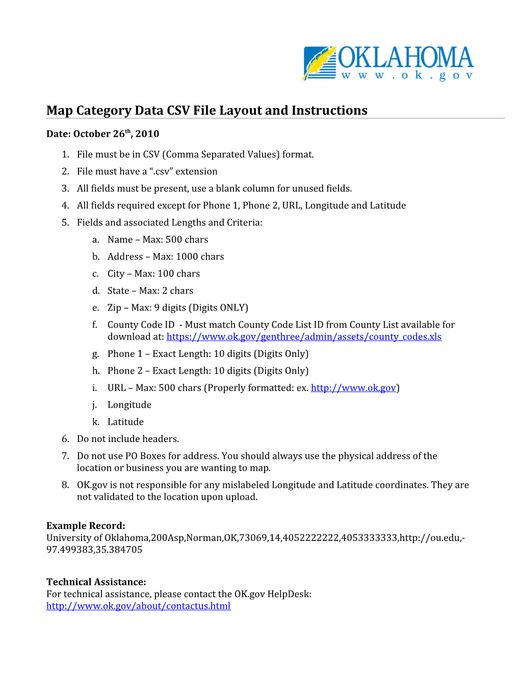 Map Category Data CSV File Layout and Instructions