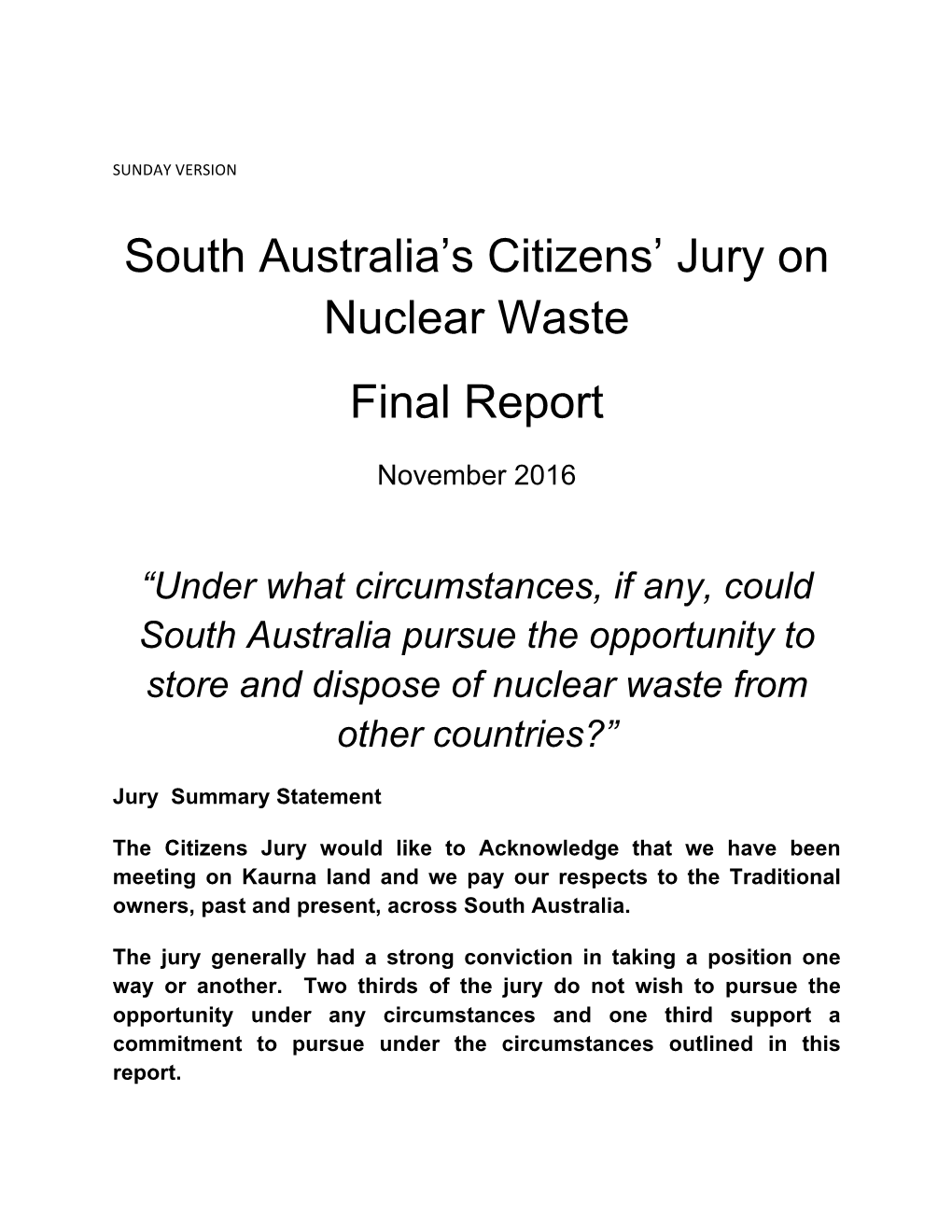 South Australia's Citizens' Jury on Nuclear Waste Final Report