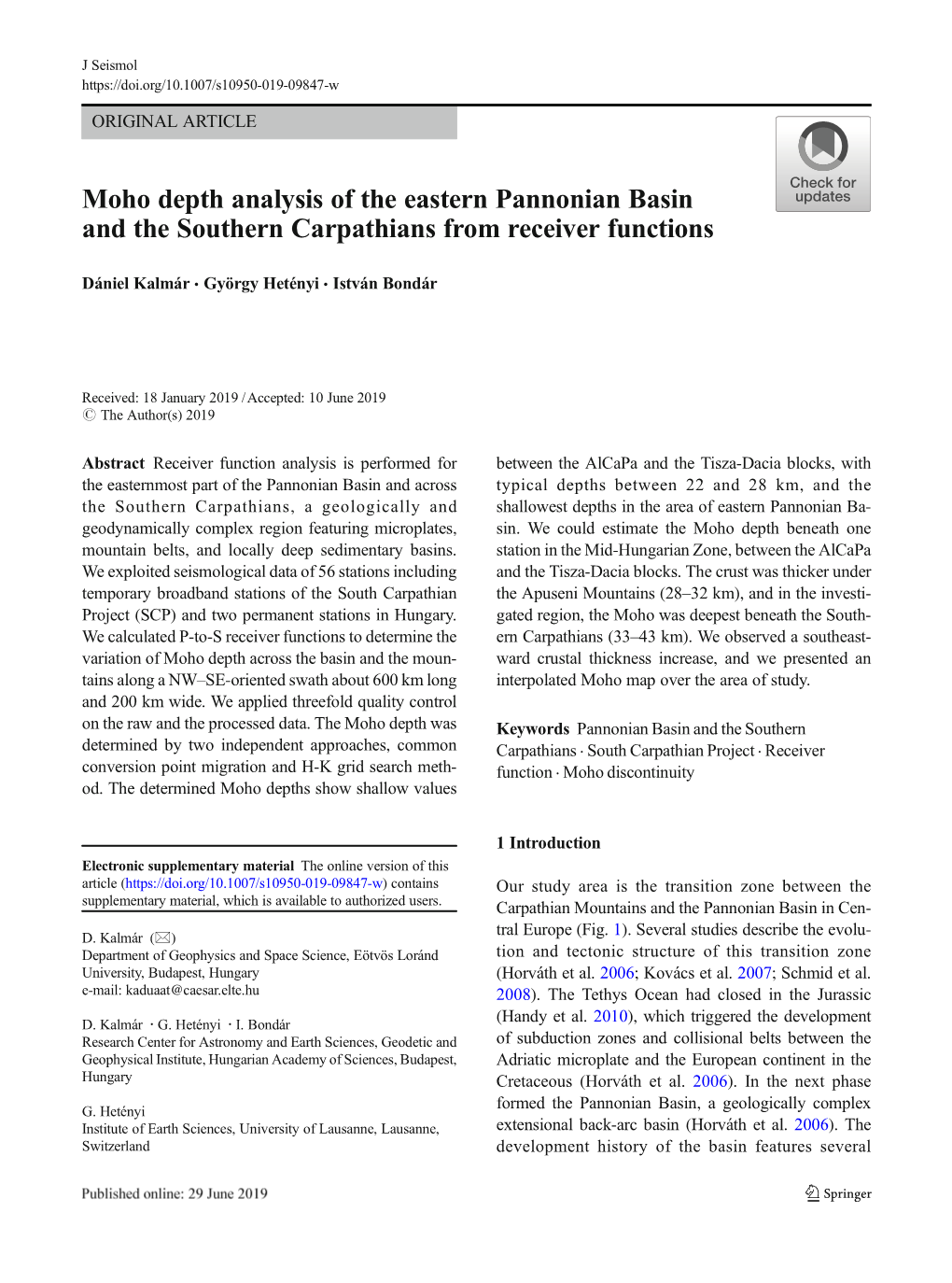 Moho Depth Analysis of the Eastern Pannonian Basin and the Southern Carpathians from Receiver Functions