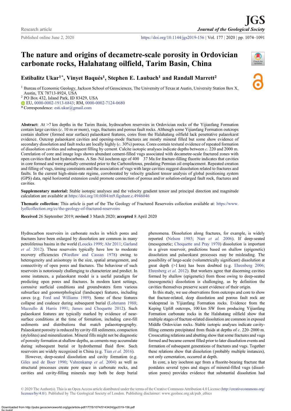 The Nature and Origins of Decametre-Scale Porosity in Ordovician Carbonate Rocks, Halahatang Oilfield, Tarim Basin, China