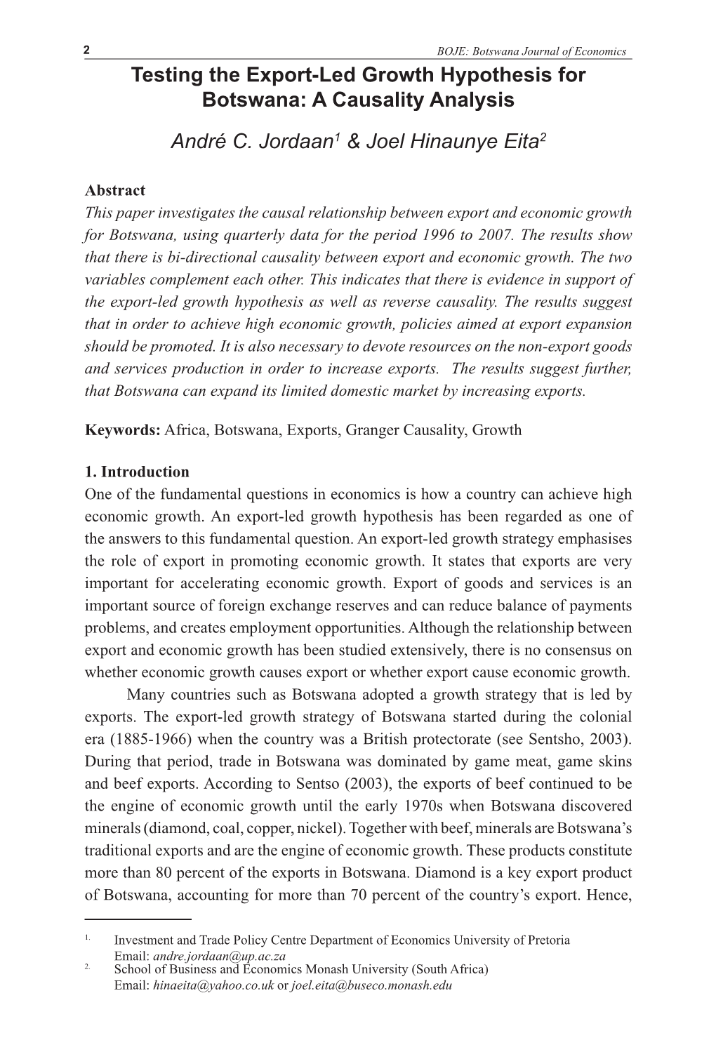 Testing the Export-Led Growth Hypothesis for Botswana: a Causality Analysis André C