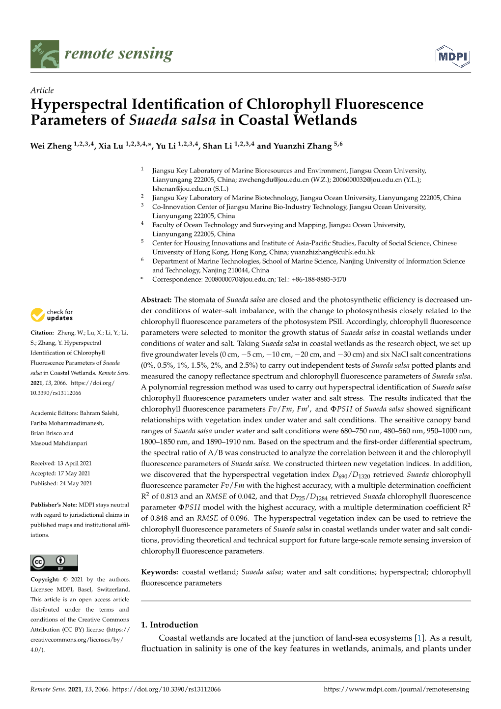 Hyperspectral Identification of Chlorophyll Fluorescence Parameters of Suaeda Salsa in Coastal Wetlands