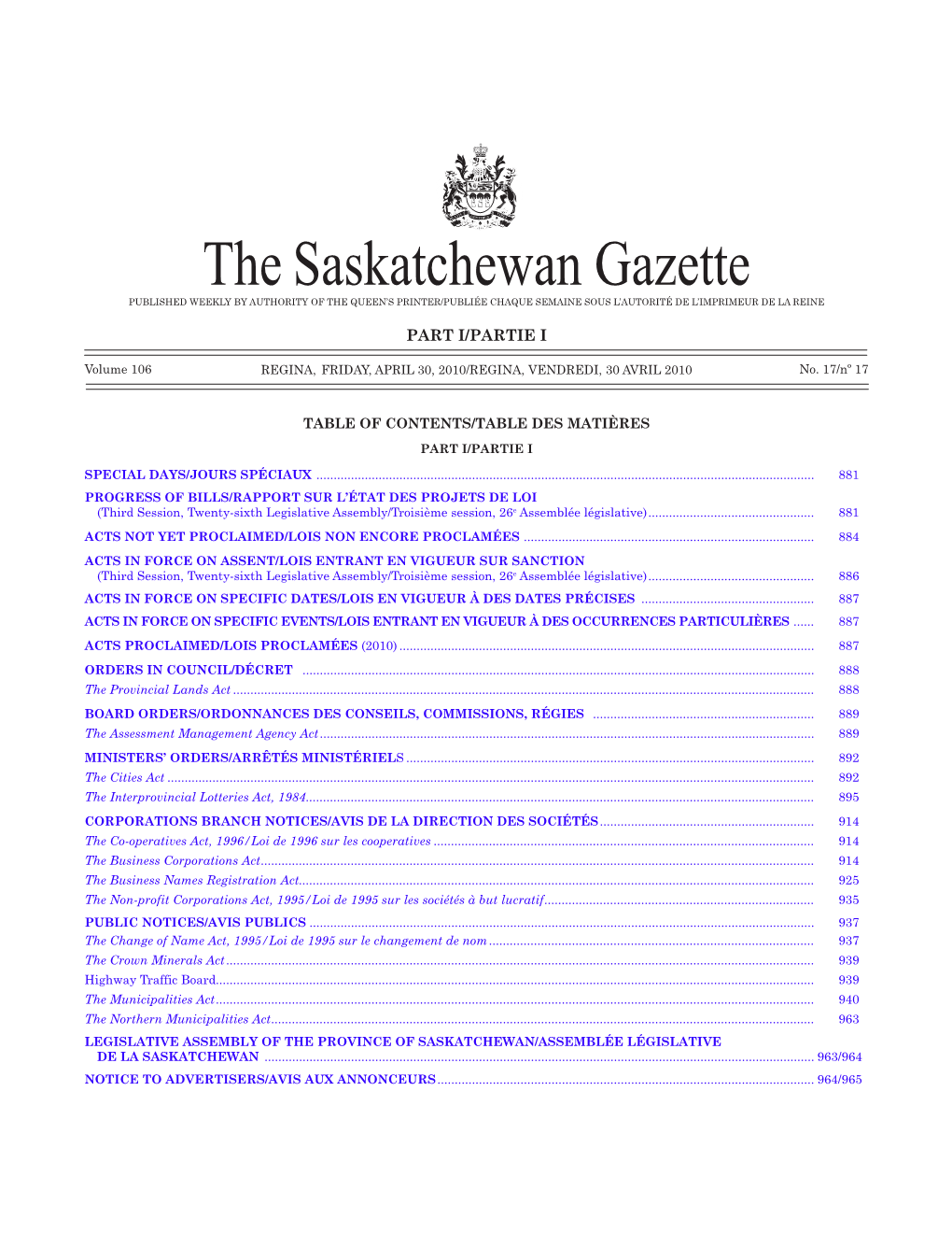 Sask Gazette, Part I, April 30, 2010