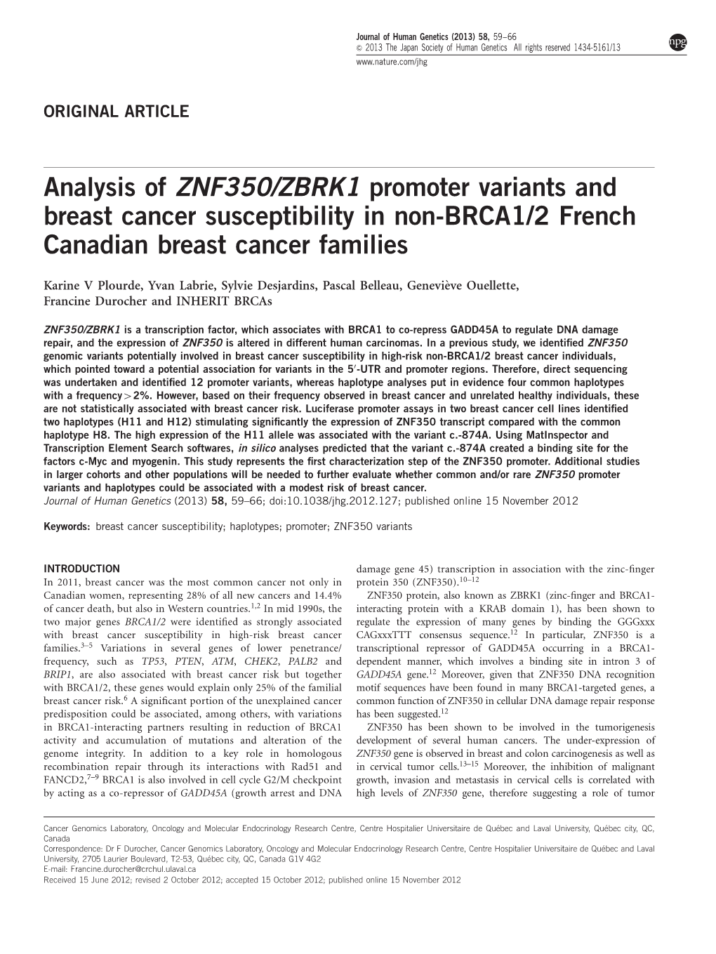 ZBRK1 Promoter Variants and Breast Cancer Susceptibility in Non-BRCA1/2 French Canadian Breast Cancer Families