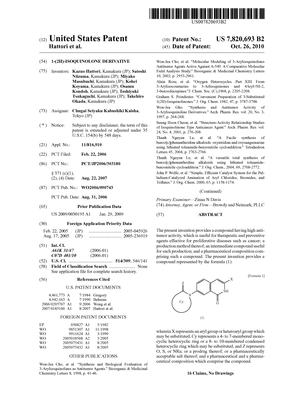 (12) United States Patent (10) Patent No.: US 7820,693 B2 Hattori Et Al