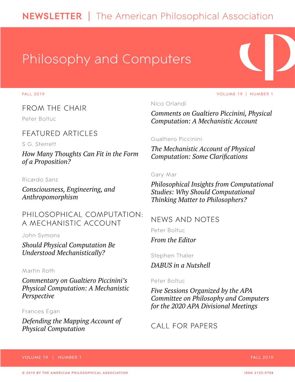 APA Newsletter on Philosophy and Computers, Vol. 19, No. 1 (Fall 2019)