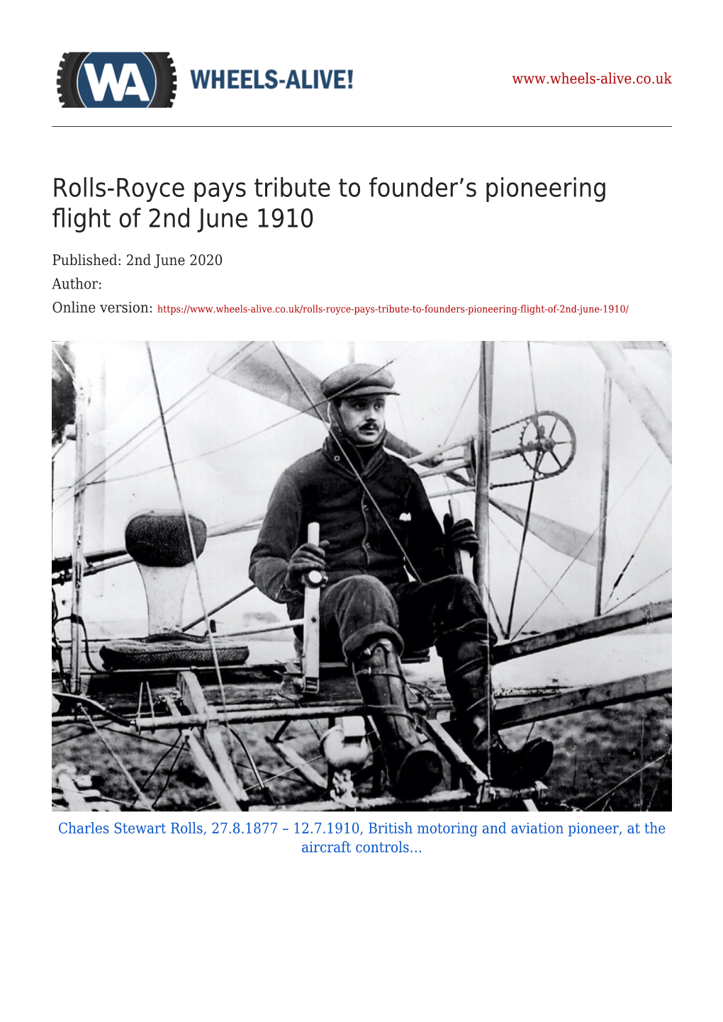 Rolls-Royce Pays Tribute to Founder&#8217;S Pioneering Flight