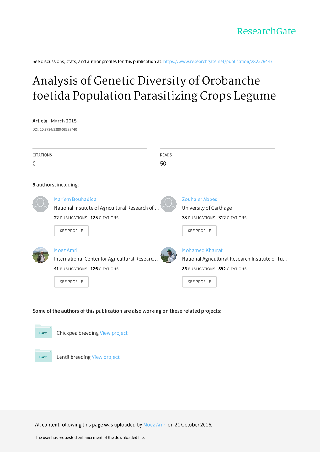 Analysis of Genetic Diversity of Orobanche Foetida Population Parasitizing Crops Legume