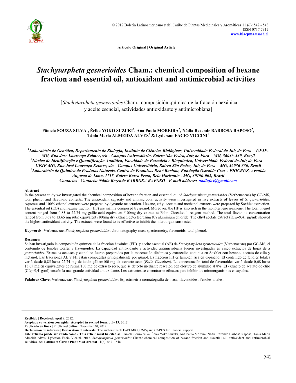 Stachytarpheta Gesnerioides Cham.: Chemical Composition of Hexane Fraction and Essential Oil, Antioxidant and Antimicrobial Activities