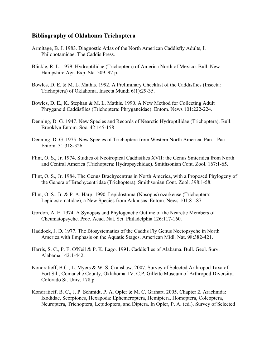 Bibliography of Oklahoma Trichoptera