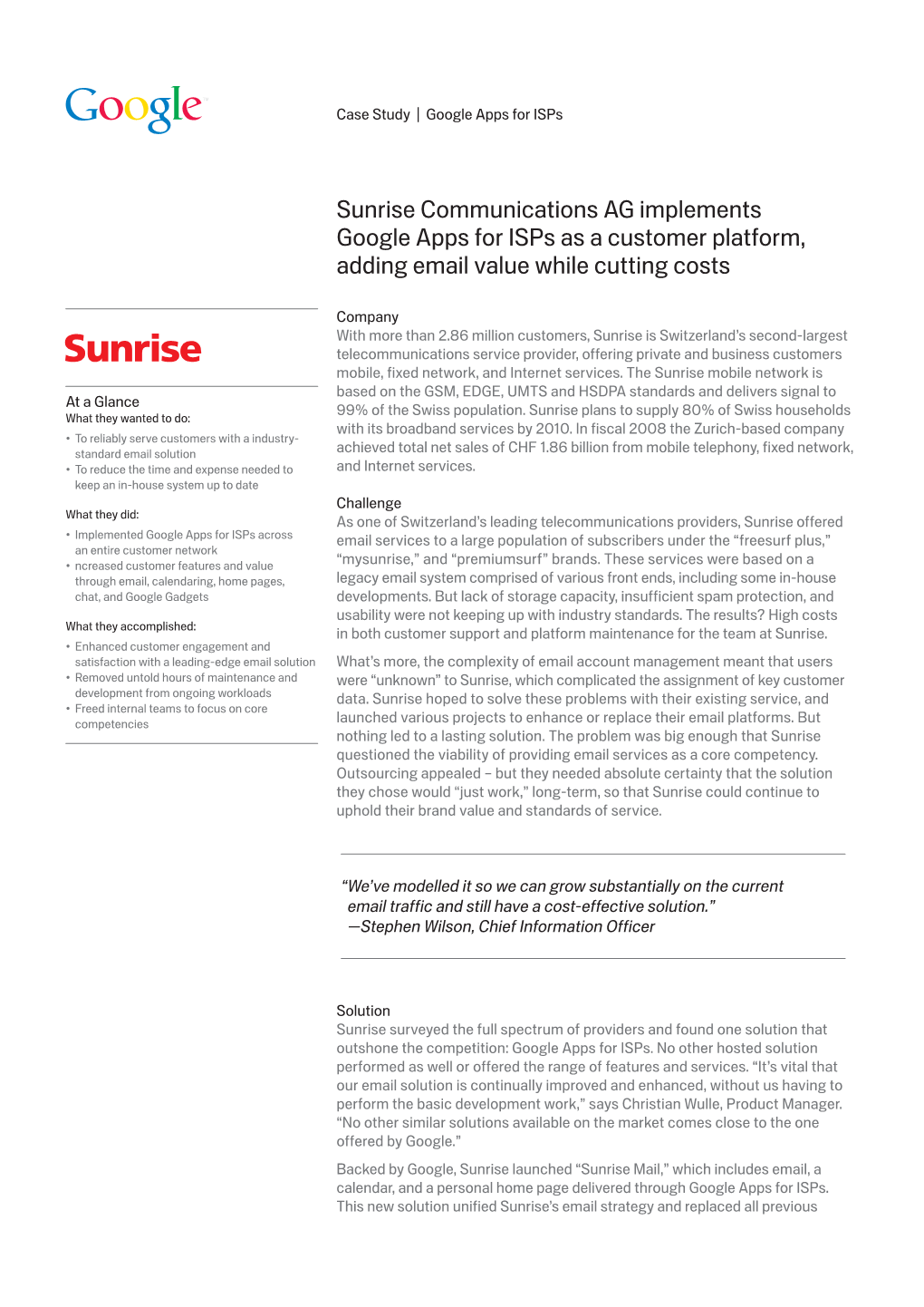 Sunrise Communications AG Implements Google Apps for Isps As a Customer Platform, Adding Email Value While Cutting Costs