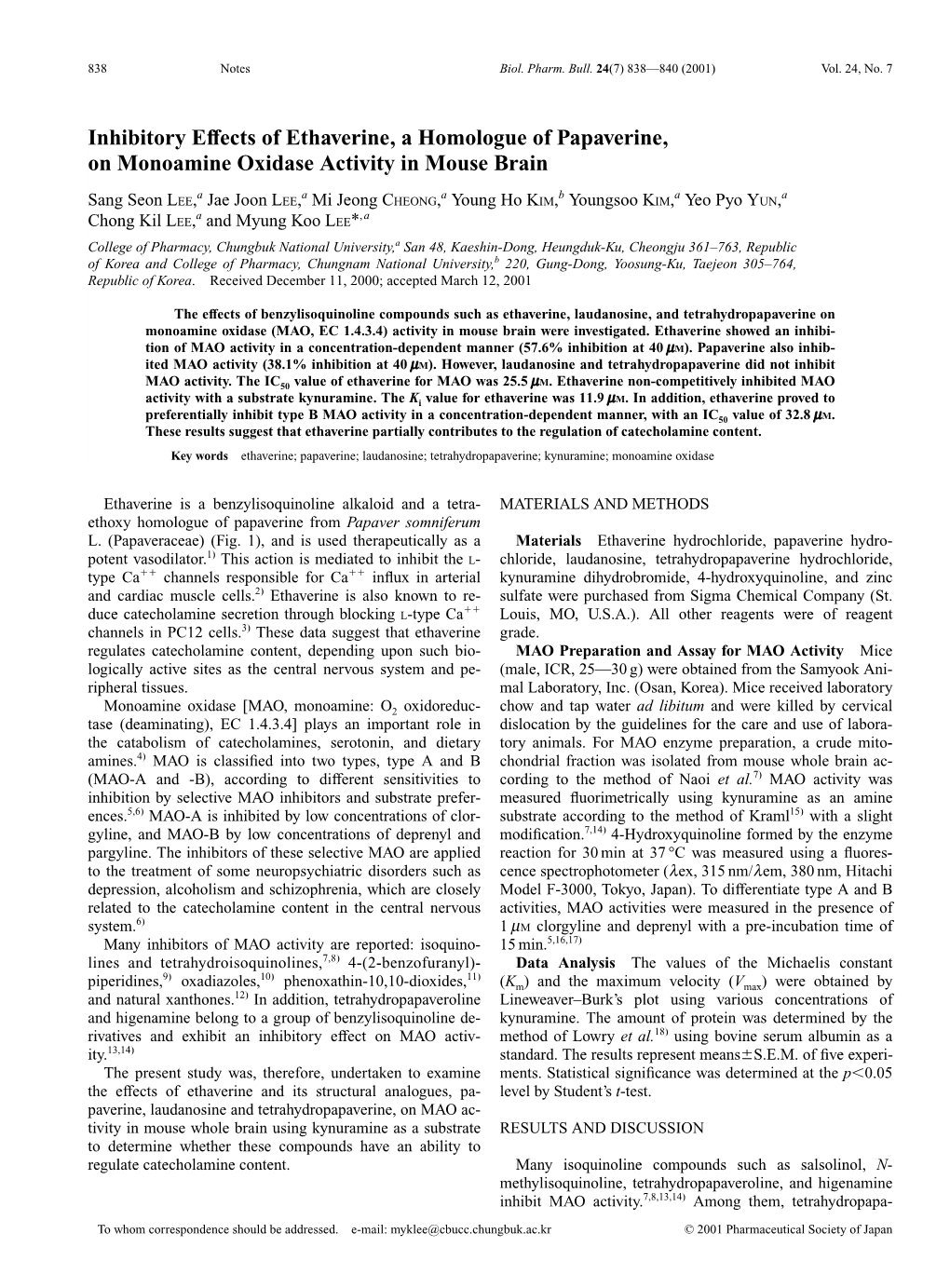 Inhibitory Effects of Ethaverine, a Homologue of Papaverine, on Monoamine Oxidase Activity in Mouse Brain