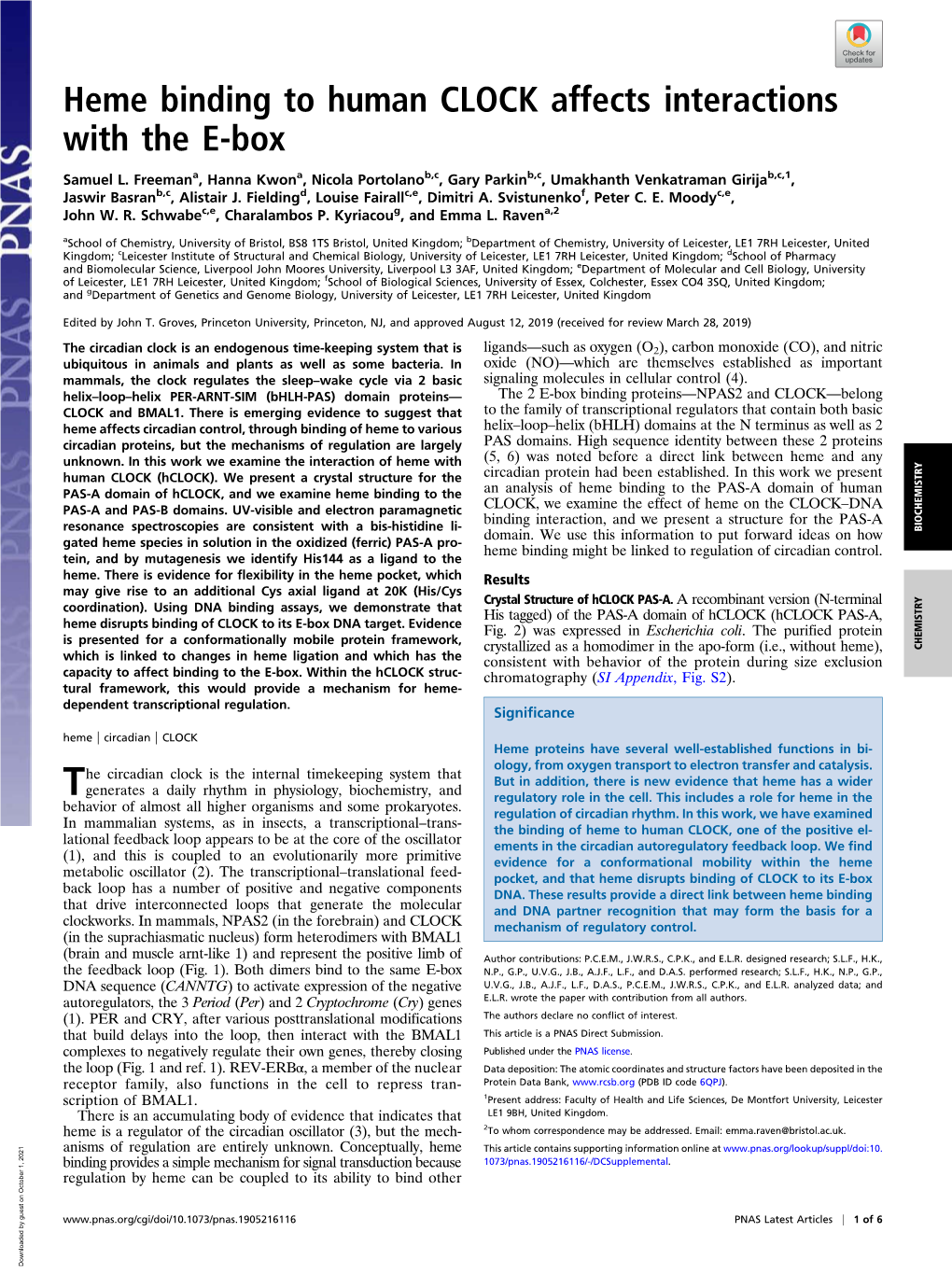 Heme Binding to Human CLOCK Affects Interactions with the E-Box