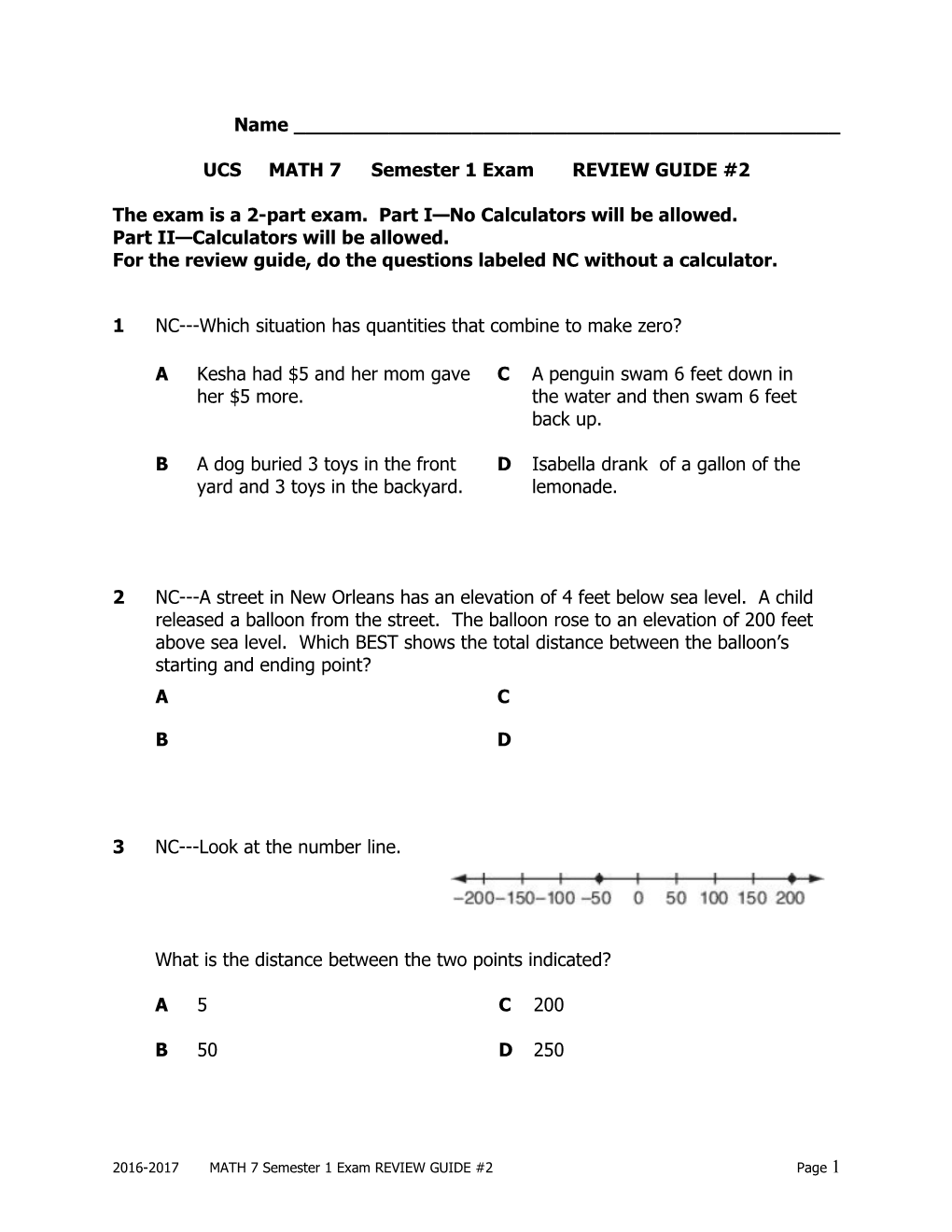 UCS MATH 7 Semester 1 Exam REVIEW GUIDE #2