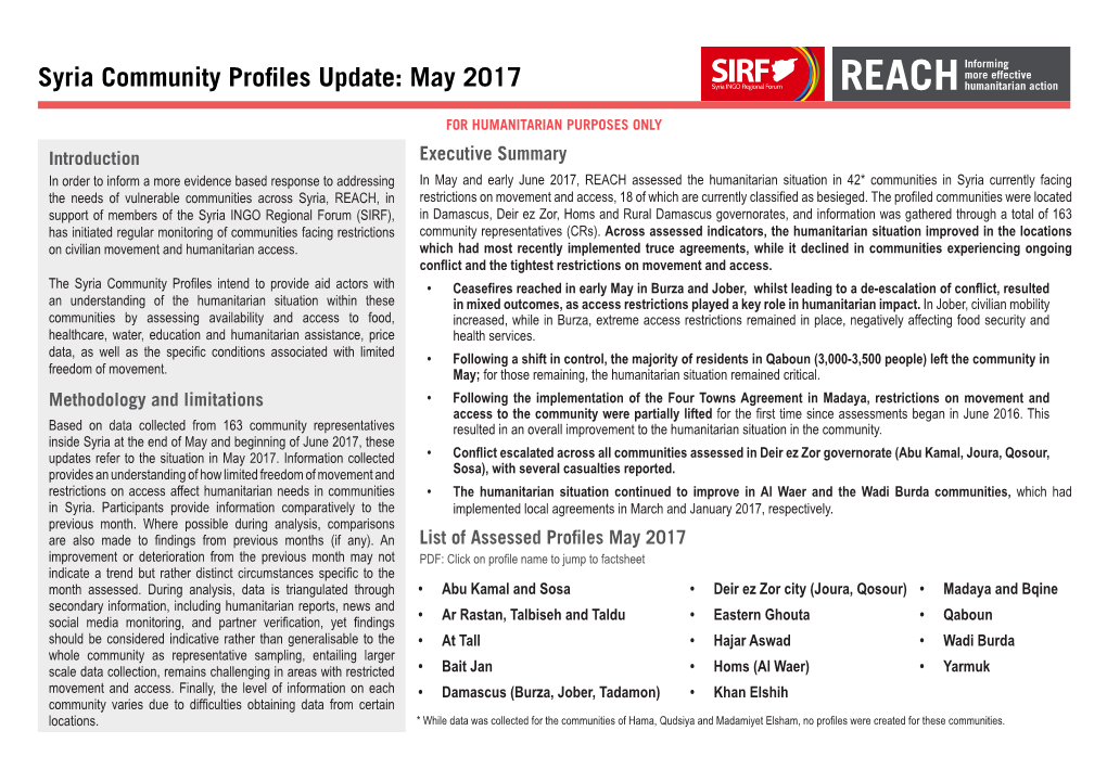 Syria Community Profiles Update: May 2017 REACH Humanitarian Action