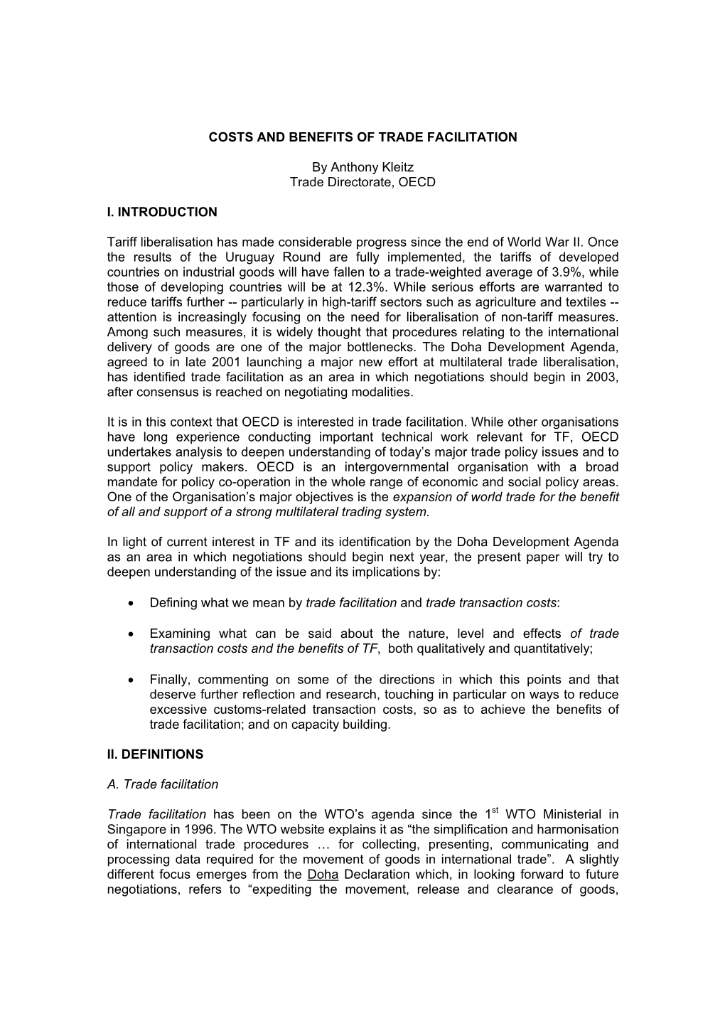 Costs and Benefits of Trade Facilitation