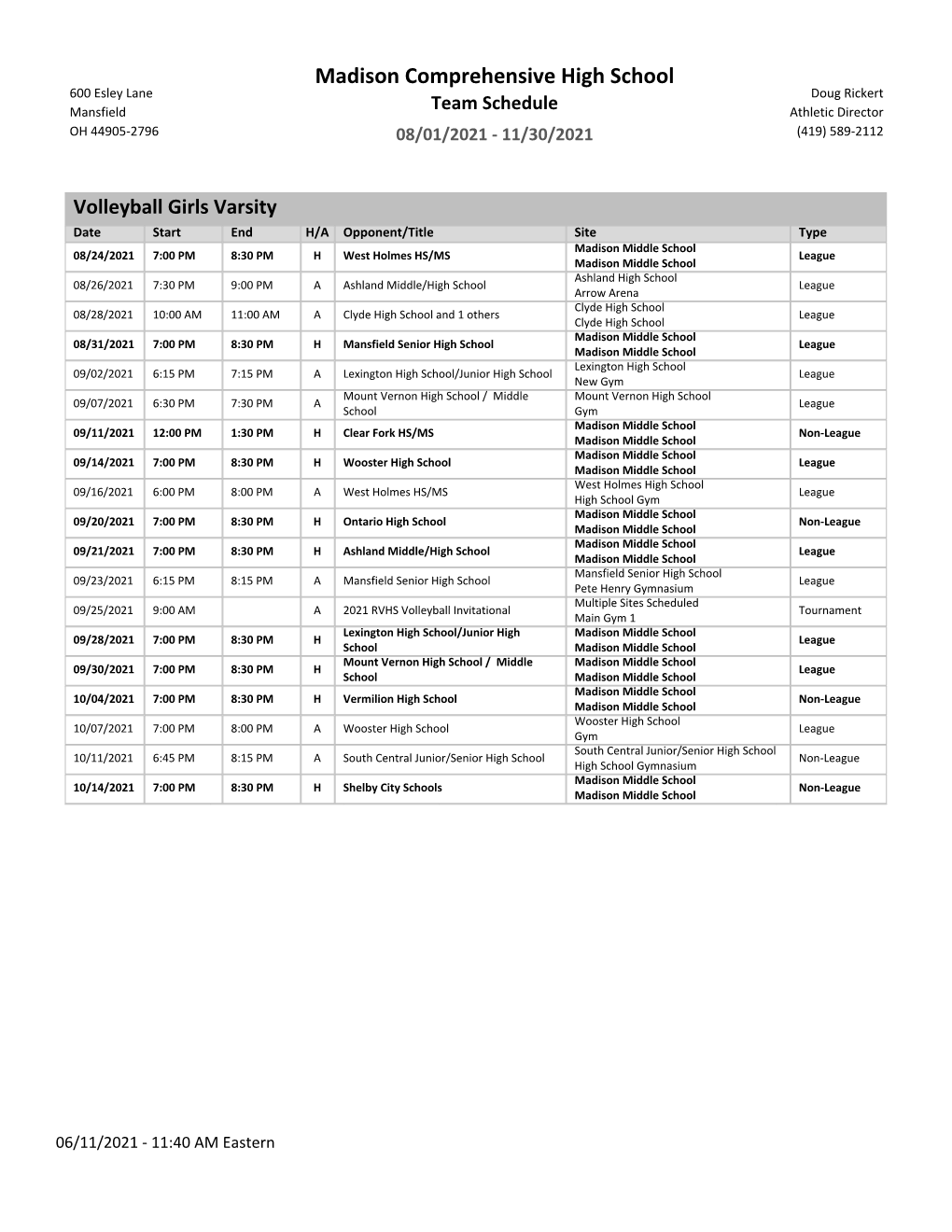 2021 Varsity Volleyball Schedule