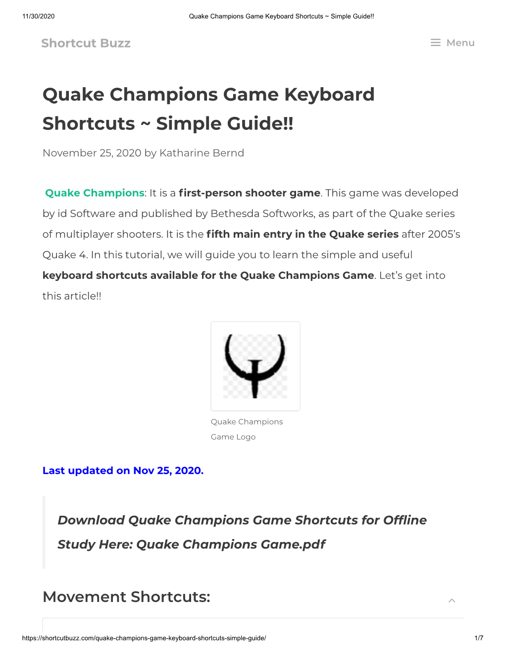 Quake Champions Game Keyboard Shortcuts ~ Simple Guide!!