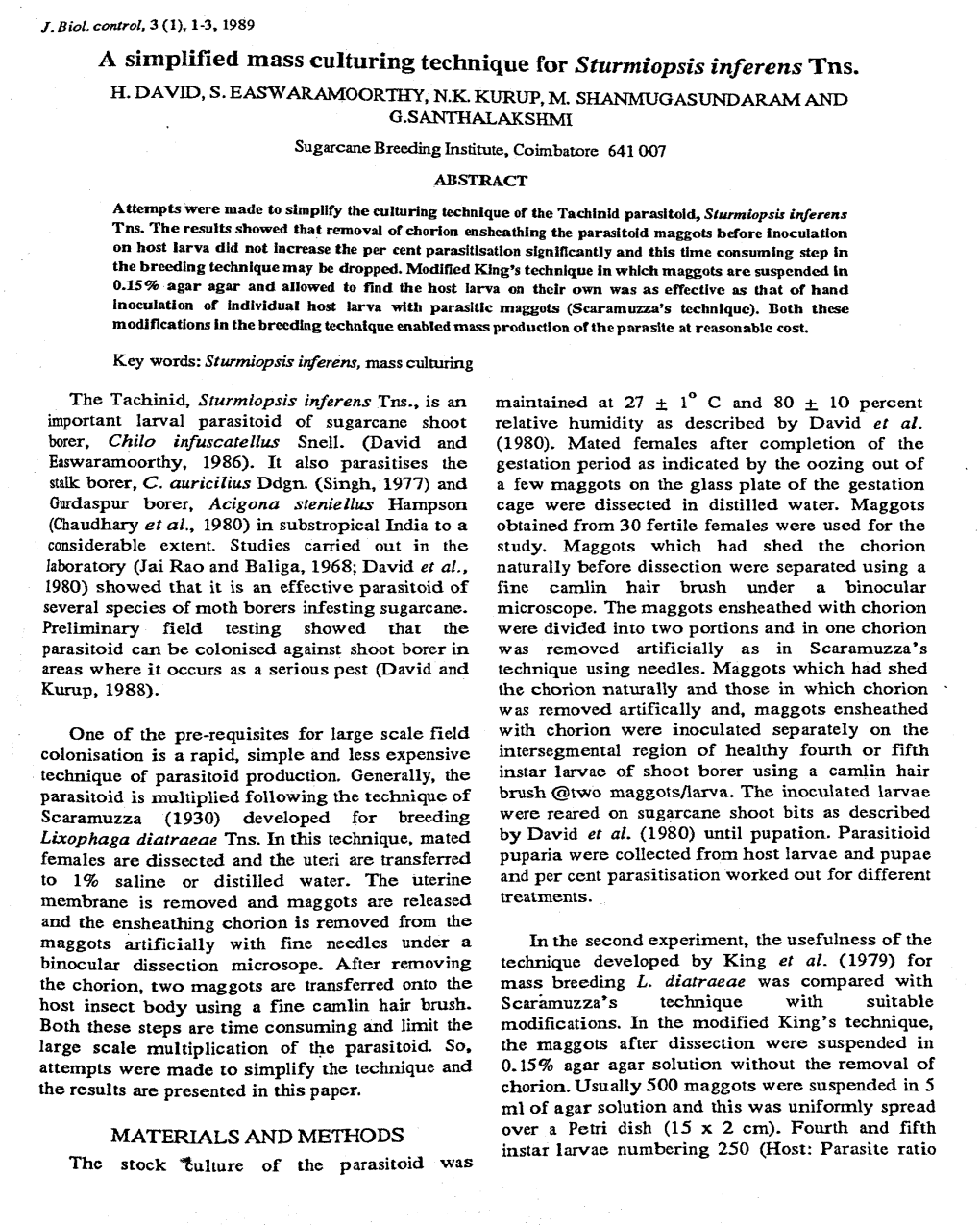 A Simplified Mass Culturing Technique for Sturmiopsis Inferens Tns. H