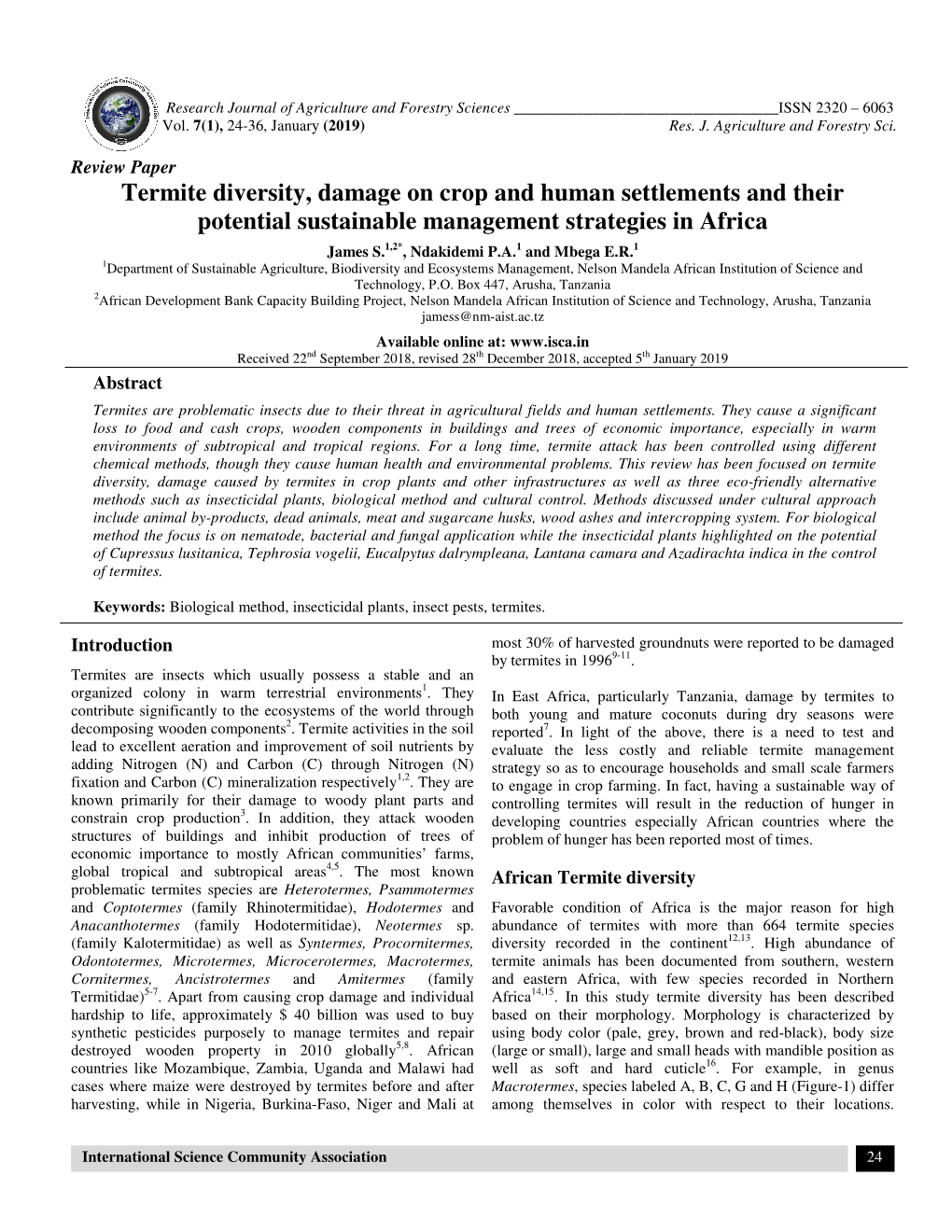 View Paper Termite Diversity, Damage on Crop and Human Settlements and Their Potential Sustainable Management Strategies in Africa James S