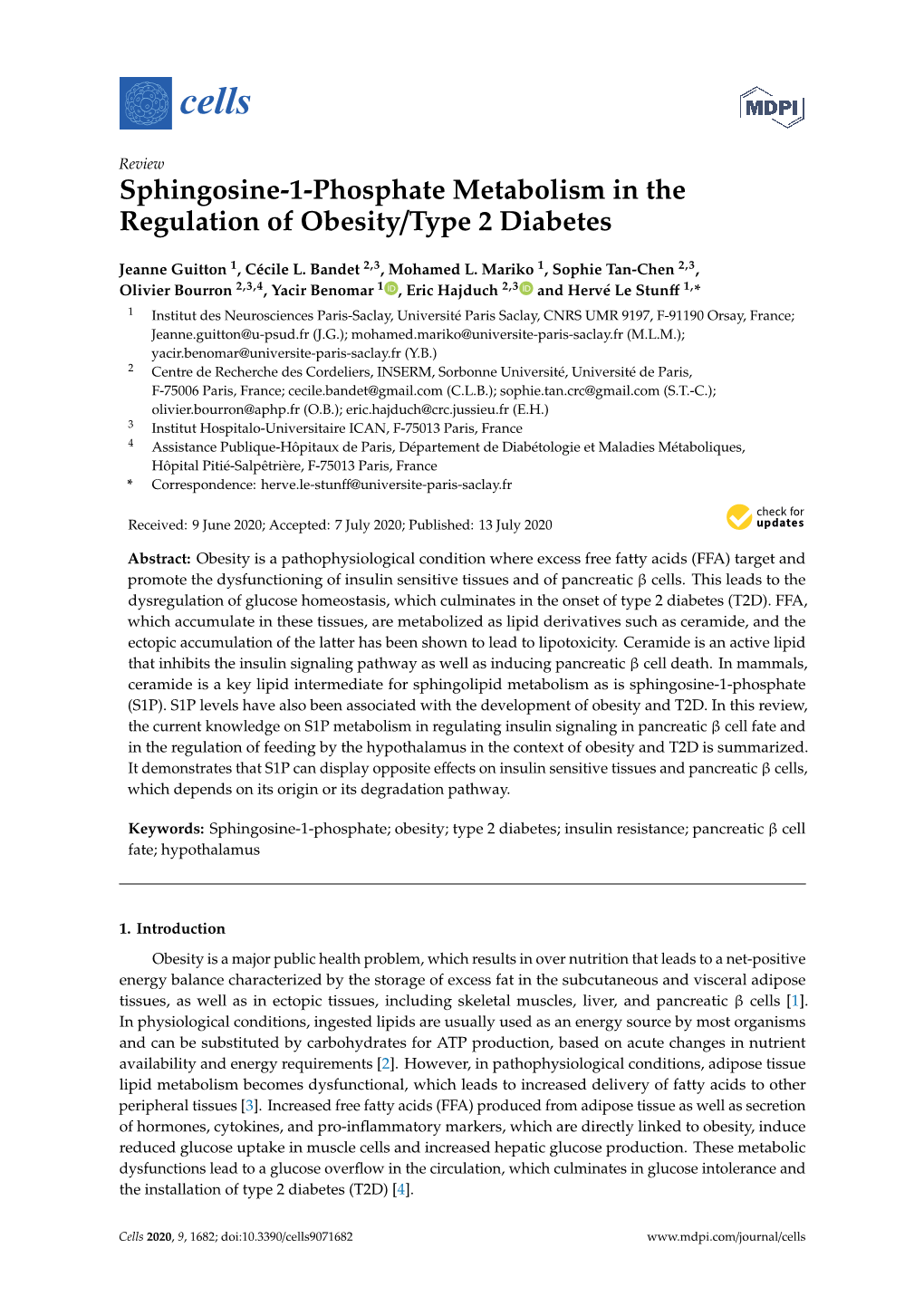 Sphingosine-1-Phosphate Metabolism in the Regulation of Obesity/Type 2 Diabetes