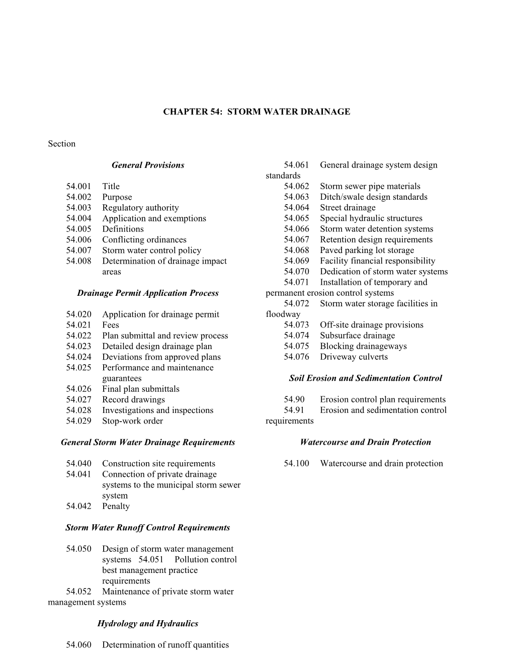 CHAPTER 54: STORM WATER DRAINAGE Section General