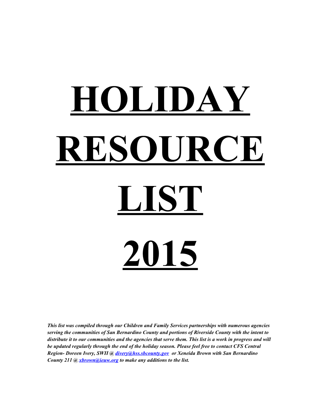 Holiday Resource List