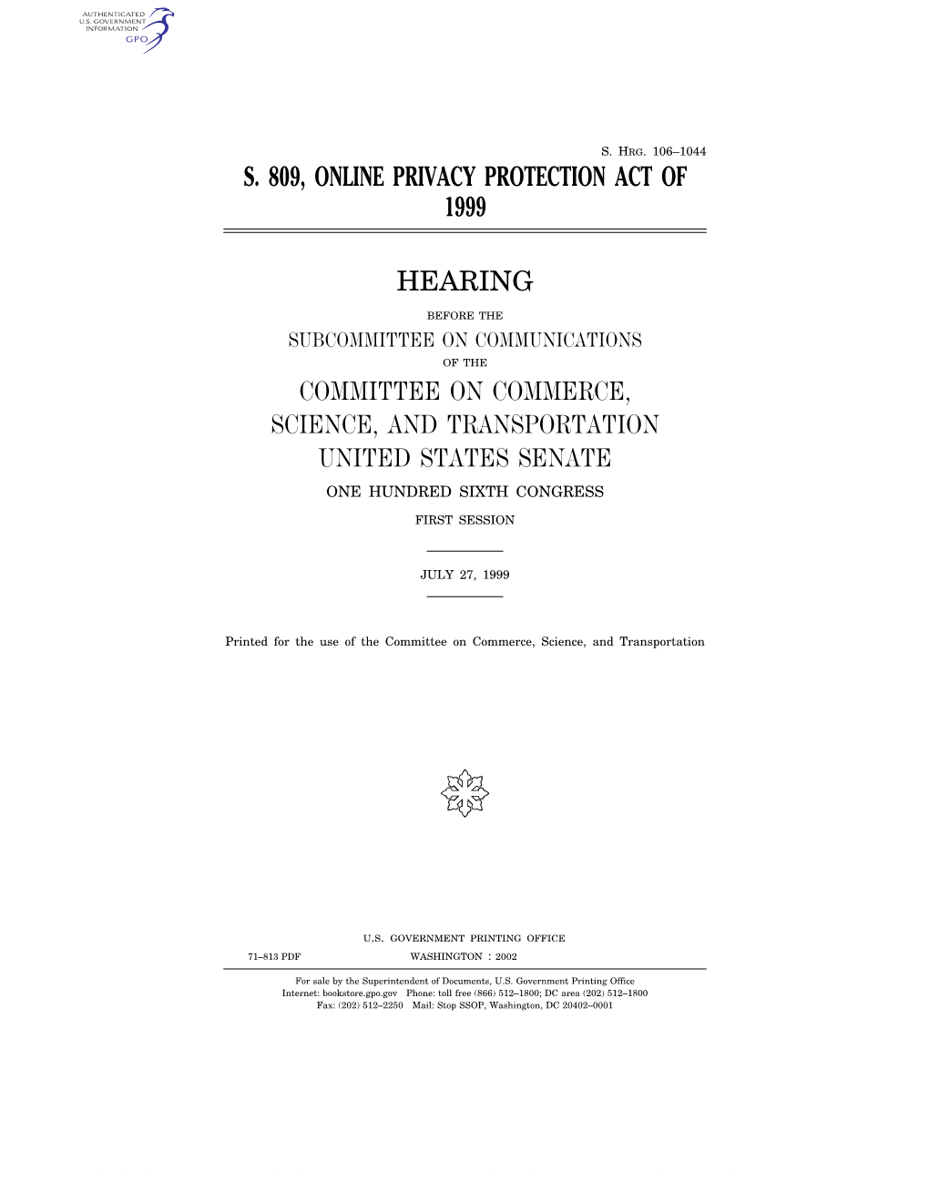 S. 809, Online Privacy Protection Act of 1999 Hearing