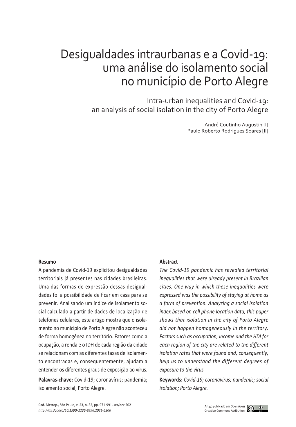 Intra-Urban Inequalities and Covid-19: an Analysis of Social Isolation in the City of Porto Alegre