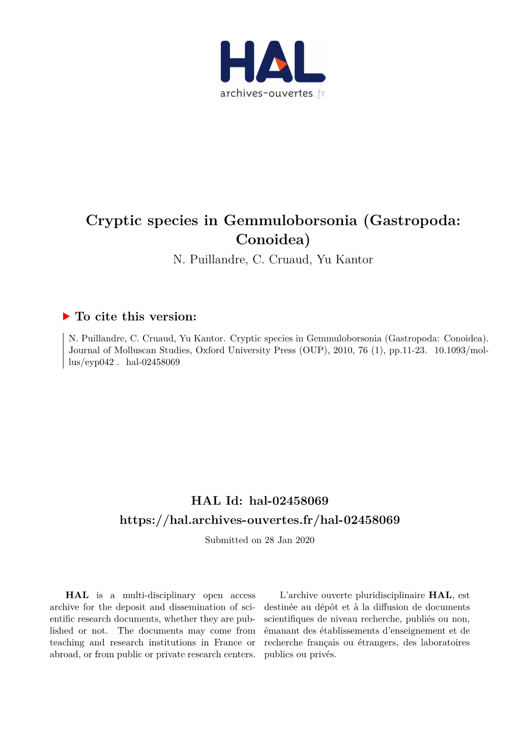 Cryptic Species in Gemmuloborsonia (Gastropoda: Conoidea) N