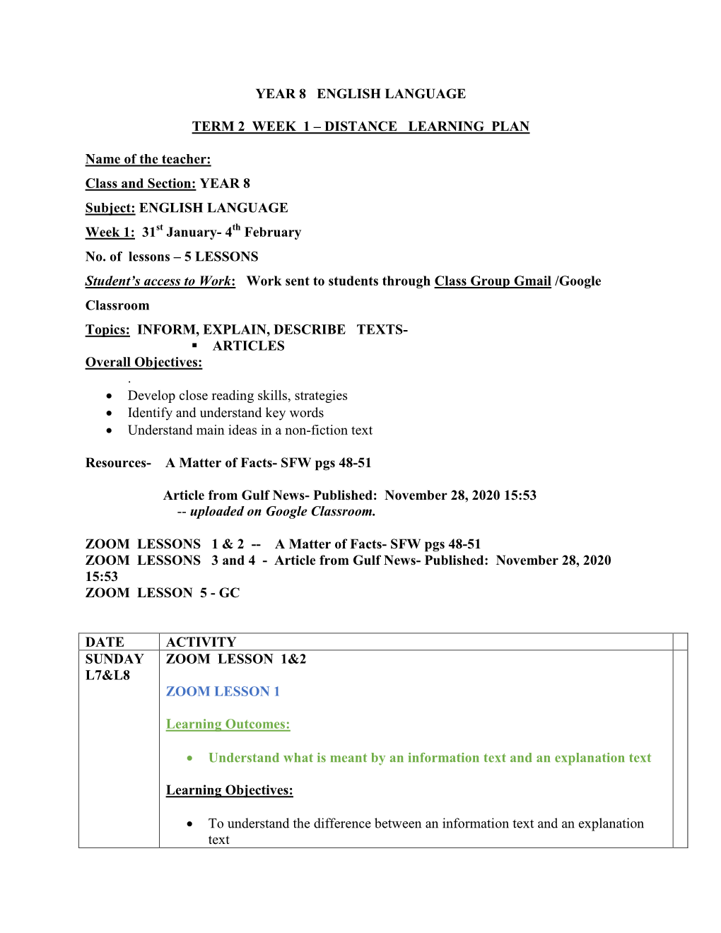 Year 8 English Language Term 2 Week 1 – Distance Learning